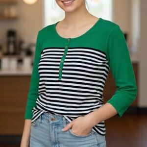 Tommy Hilfiger Preppy Stripe Ribbed Henley Top 3/4 Sleeve Knit Gold Buttons Y2K